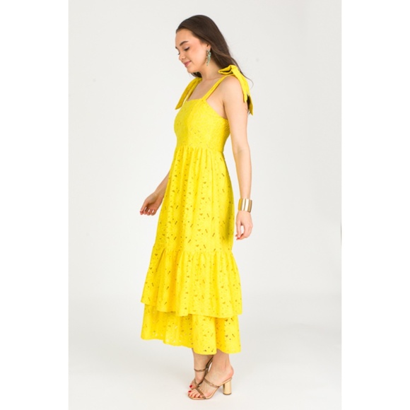 Flying Tomato Yellow Lace Double Ruffle Layer Midi Dress - Picture 6 of 8